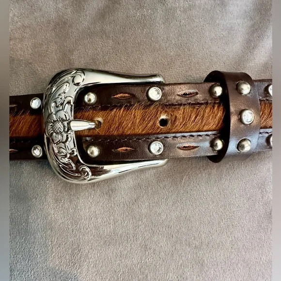 Genuine Leather Hair Studded Western Belt - Womens Large - Brown Silver Tone - Picture 1 of 3